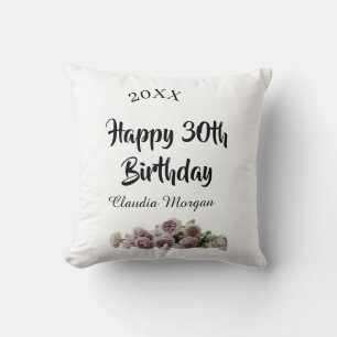 Happy 30th birthday pink white mauve floral name y cushion