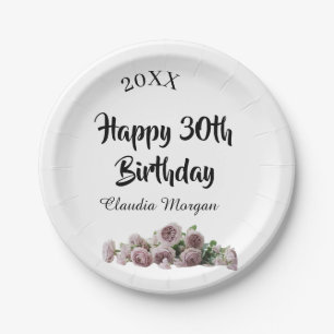 Happy 30th birthday pink white mauve floral name y paper plate