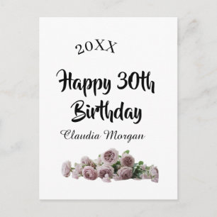 Happy 30th birthday pink white mauve floral name y postcard