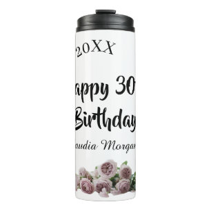 Happy 30th birthday pink white mauve floral name y thermal tumbler