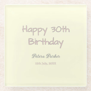 happy 30th birthday pink yellow grey pastel name d glass coaster