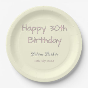 happy 30th birthday pink yellow grey pastel name d paper plate