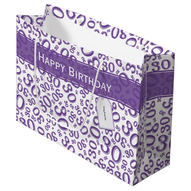  Happy 30th Birthday Purple Random Number Pattern Large Gift Bag (Front Angled)