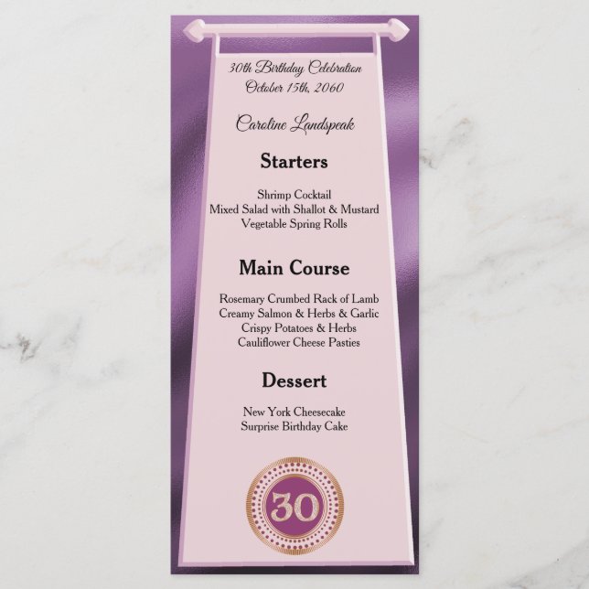 Happy 30th Birthday Rose Gold Glitter Foil Menu (Front)