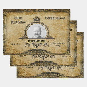 Happy 30th Birthday Vintage Photo Monogram Gold Wrapping Paper Sheet