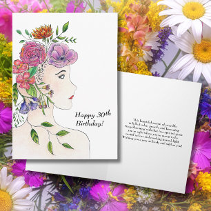 Happy 30th Birthday Woman Flowers Illustration Card