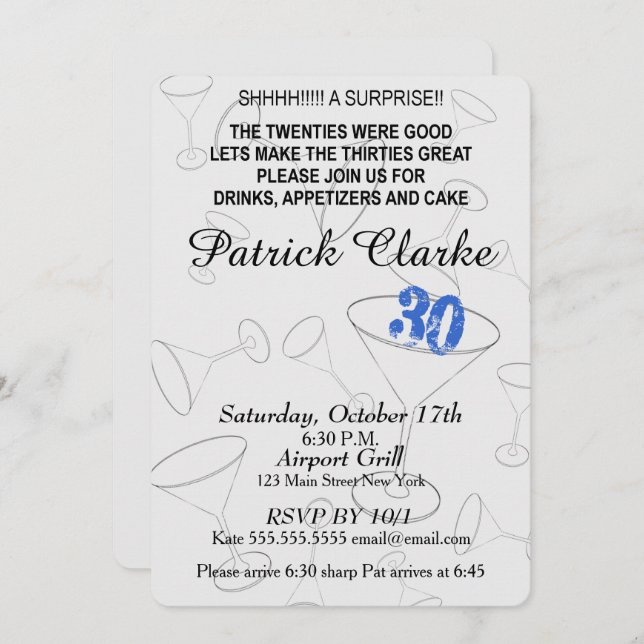 Happy 30th Surprise Birthday Martini Theme Party Invitation (Front/Back)