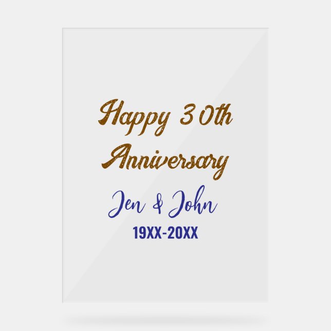 Happy 30th wedding anniversary royal blue golden s acrylic sign (Front)