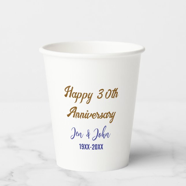 Happy 30th wedding anniversary royal blue golden s paper cups (Front)
