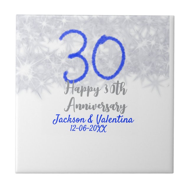 Happy 30th wedding anniversary silver blue glitter ceramic tile (Front)