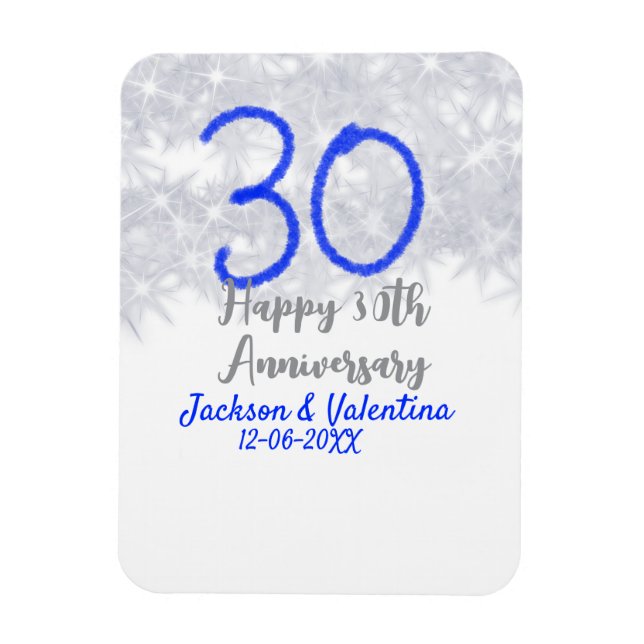 Happy 30th wedding anniversary silver blue glitter magnet (Vertical)