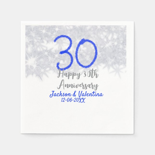 Happy 30th wedding anniversary silver blue glitter napkin (Front)