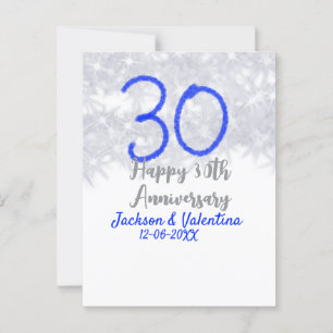 Happy 30th wedding anniversary silver blue glitter postcard