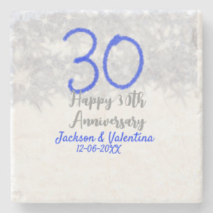 Happy 30th wedding anniversary silver blue glitter stone coaster