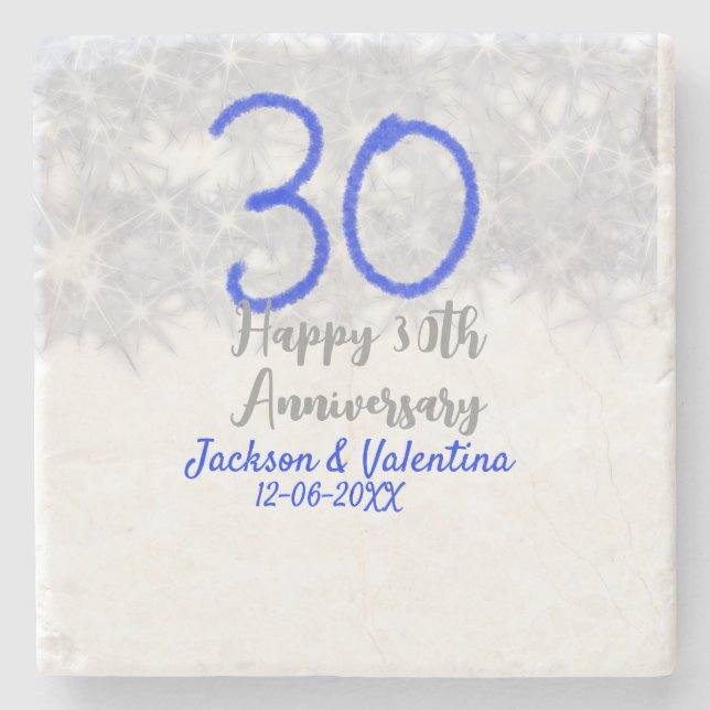 Happy 30th wedding anniversary silver blue glitter stone coaster (Front)