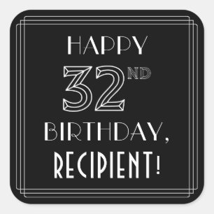 HAPPY 32ND BIRTHDAY; Art Deco Style; Custom Name Square Sticker