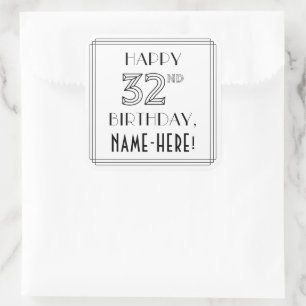 HAPPY 32ND BIRTHDAY, Art Deco Style, Custom Name Square Sticker