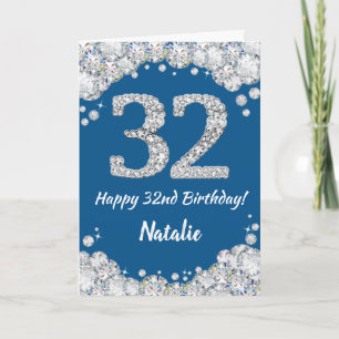 Happy 32nd Birthday Blue and Silver Glitter Card