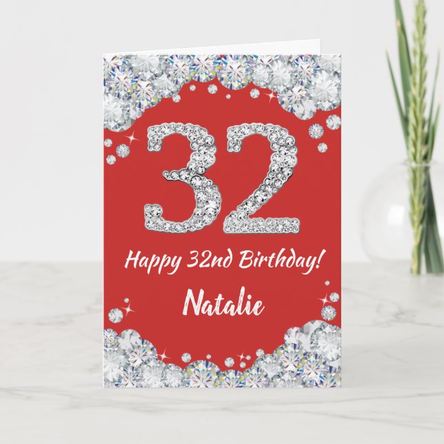 Happy 32nd Birthday Red and Silver Glitter Card (Front)