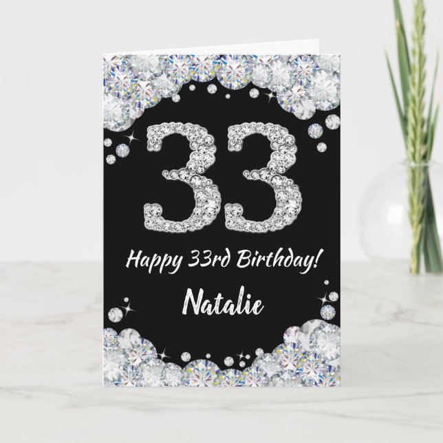 Happy 33rd Birthday Black and Silver Glitter Card (Front)