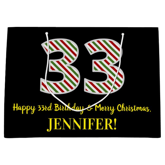 Happy 33rd Birthday & Merry Christmas, Custom Name Large Gift Bag (Front)