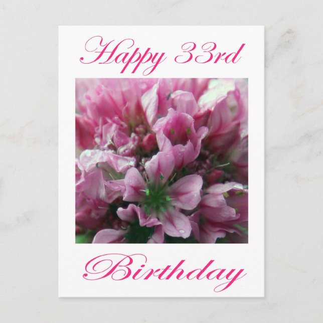 Happy 33rd Birthday Pink and Green Flower Postcard (Front)