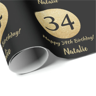 Happy 34th Birthday Black and Gold Glitter Wrapping Paper