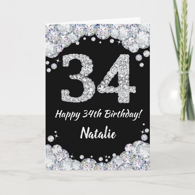 Happy 34th Birthday Black and Silver Glitter Card (Front)
