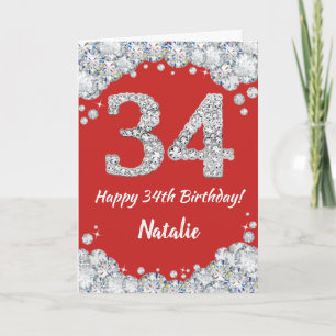 Happy 34th Birthday Red and Silver Glitter Card