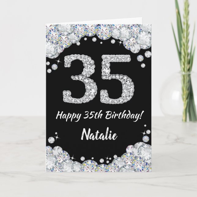 Happy 35th Birthday Black and Silver Glitter Card (Front)