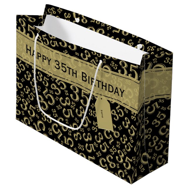 Happy 35th Birthday Number Pattern Black/Gold Large Gift Bag (Front Angled)