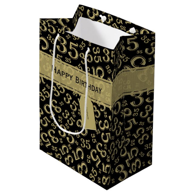 Happy 35th Birthday Number Pattern Black/Gold Medium Gift Bag (Front Angled)