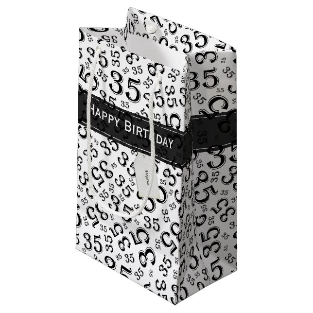 Happy 35th Birthday Number Pattern Black/White Small Gift Bag (Front Angled)
