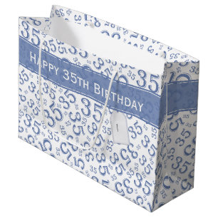 Happy 35th Birthday Number Pattern Blue/White Large Gift Bag