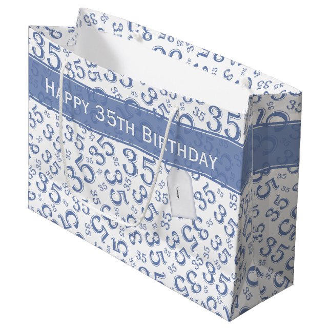 Happy 35th Birthday Number Pattern Blue/White Large Gift Bag (Front Angled)