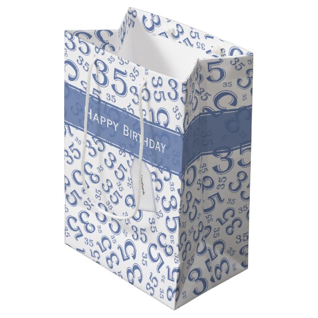 Happy 35th Birthday Number Pattern Blue/White Medium Gift Bag (Front Angled)