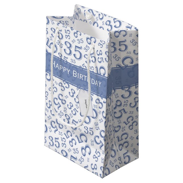 Happy 35th Birthday Number Pattern Blue/White Small Gift Bag (Front Angled)