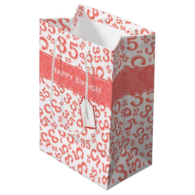 Happy 35th Birthday Number Pattern Coral/White Medium Gift Bag (Front Angled)