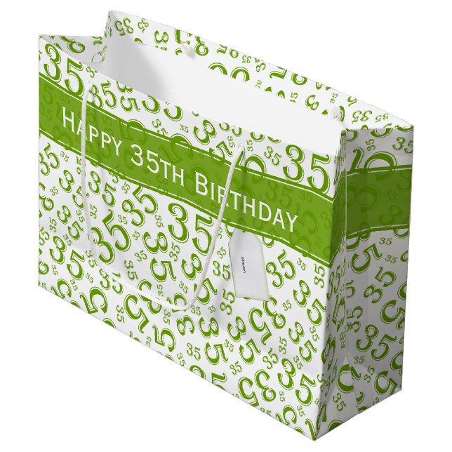 Happy 35th Birthday Number Pattern Green/White Large Gift Bag (Front Angled)