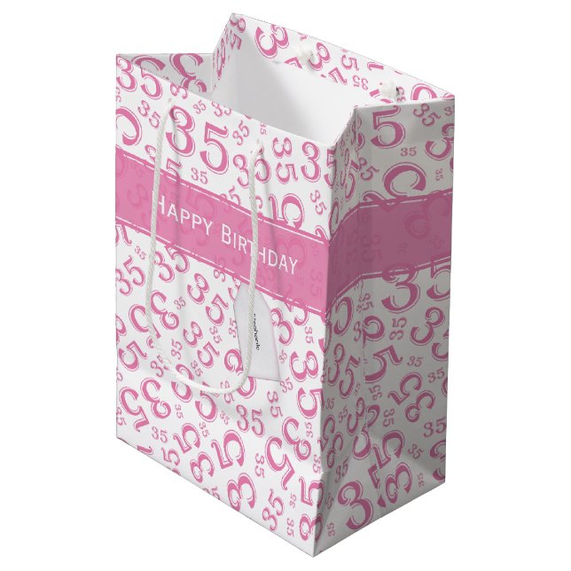 Happy 35th Birthday Number Pattern Pink/White Medium Gift Bag (Front Angled)
