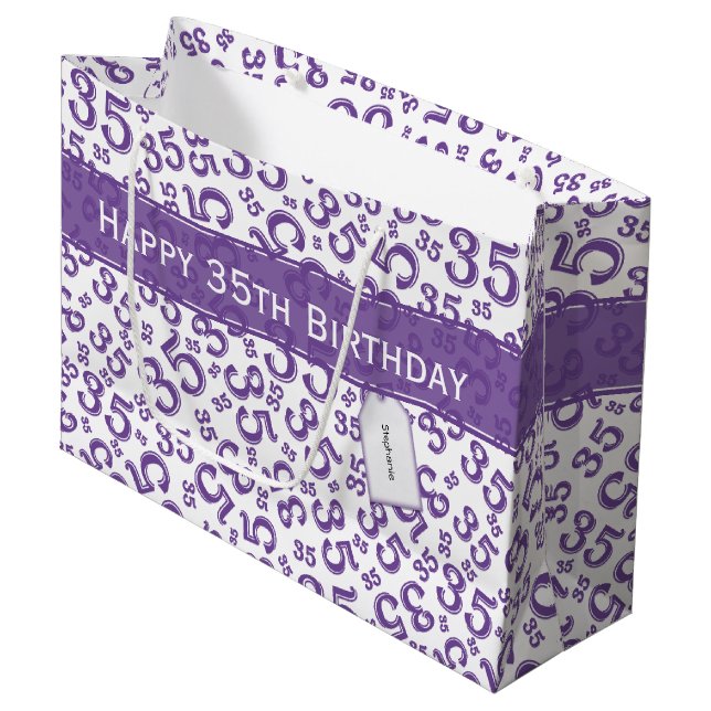 Happy 35th Birthday Number Pattern Purple/White Large Gift Bag (Front Angled)