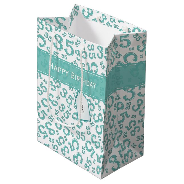 Happy 35th Birthday Number Pattern Teal/White Medium Gift Bag (Front Angled)