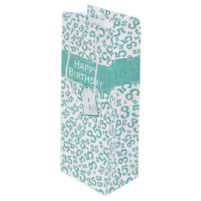 Happy 35th Birthday Number Pattern Teal/White Wine Gift Bag (Front Angled)