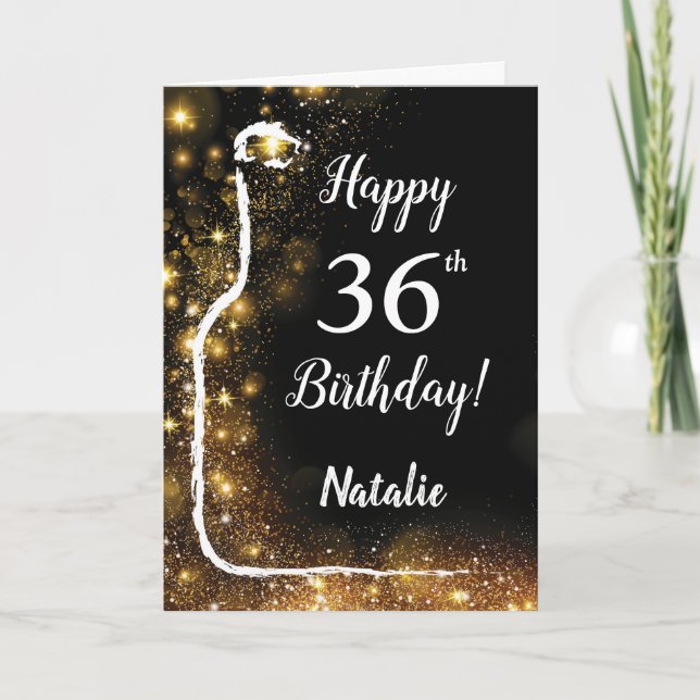 Happy 36th Birthday Black and Gold Glitter Wine Card (Front)