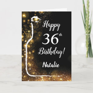 Happy 36th Birthday Black and Gold Glitter Wine Card