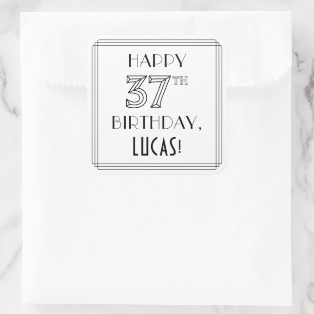 HAPPY 37TH BIRTHDAY, Art Deco Style, Custom Name Square Sticker (Bag)
