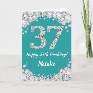 Happy 37th Birthday Teal and Silver Glitter Card