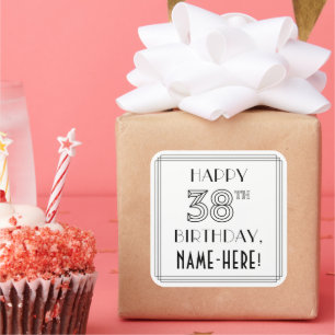 HAPPY 38TH BIRTHDAY, Art Deco Style, Custom Name Square Sticker
