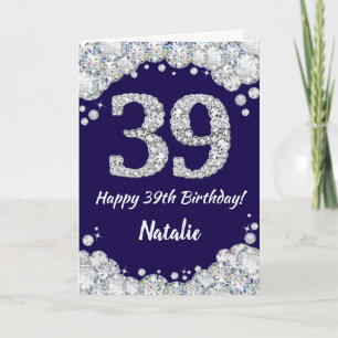 Happy 39th Birthday Navy Blue and Silver Glitter Card