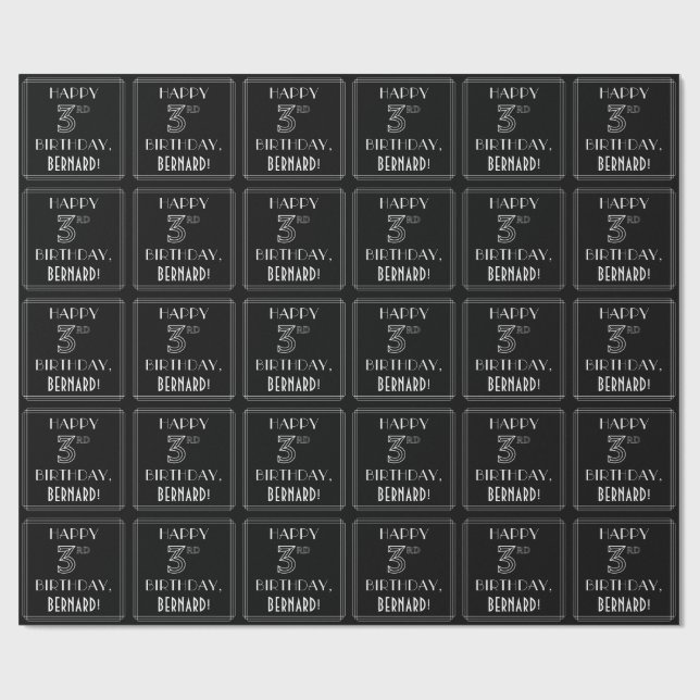 HAPPY 3RD BIRTHDAY; Art Deco Style w/ Custom Name Wrapping Paper (Flat)
